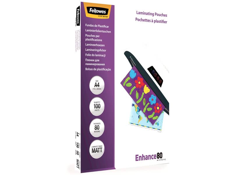 Pouches per plastificatrici Fellowes Standard Enhance80 finitura opaca - 2x80 µm - A4 - Conf. 100 pezzi - 5452103