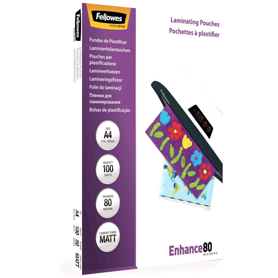 Pouches per plastificatrici Fellowes Standard Enhance80 finitura opaca - 2x80 µm - A4 - Conf. 100 pezzi - 5452103