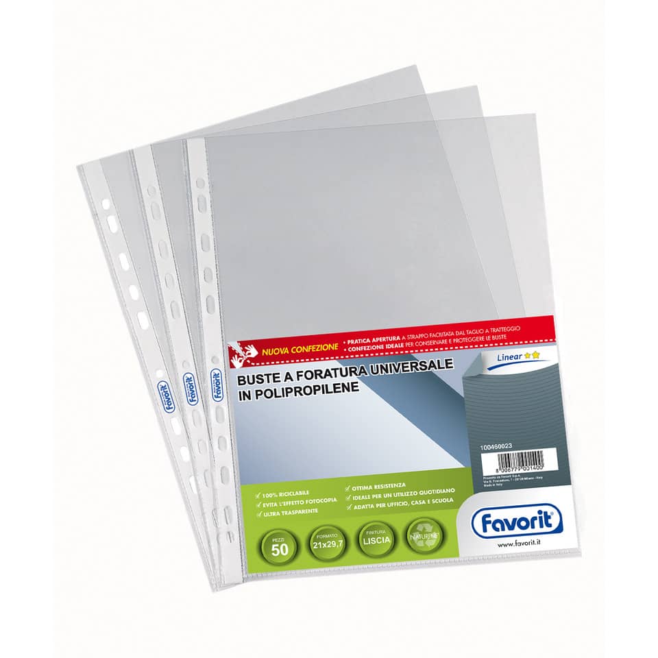 Buste trasp. a foratura universale FAVORIT liscia linear 21x29,7 cm conf. da 50 - 100460023