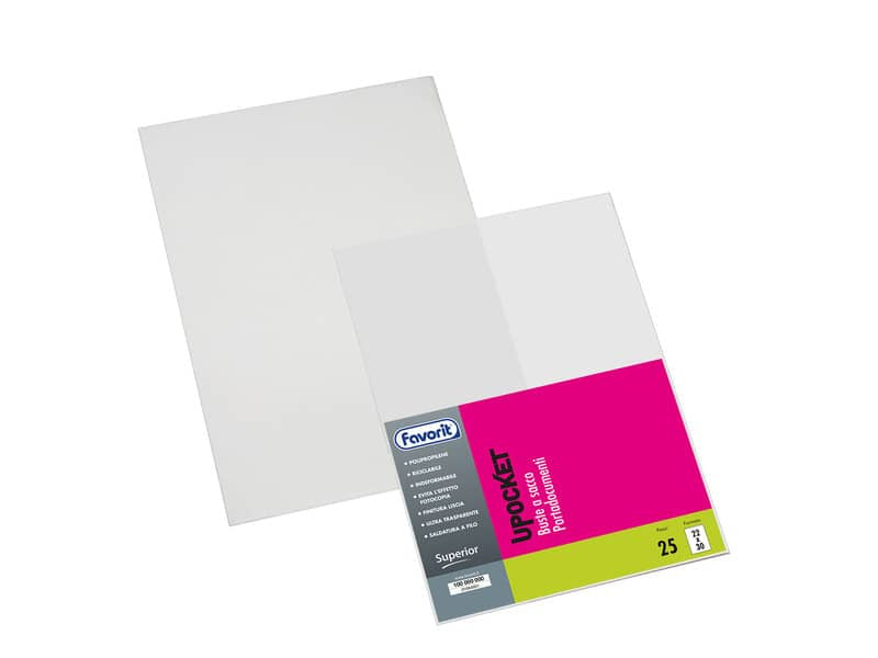 Buste trasparenti a sacco FAVORIT Upocket liscia superior 22x30 cm conf. da 25 - 100460101