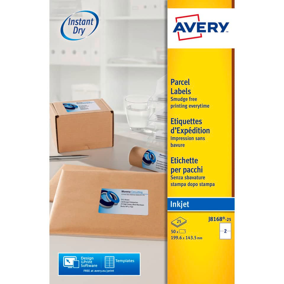 Etichette bianche per pacchi AVERY QuickDRY™ 199,6x143,5 mm - 2 et/foglio - stampanti inkjet - cf. 25 fogli J8168-25