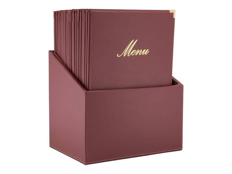 Box portamenù con 20 menù Securit® Classic in similpelle A4 rosso bordeaux MC-BOX-CRA4-WR