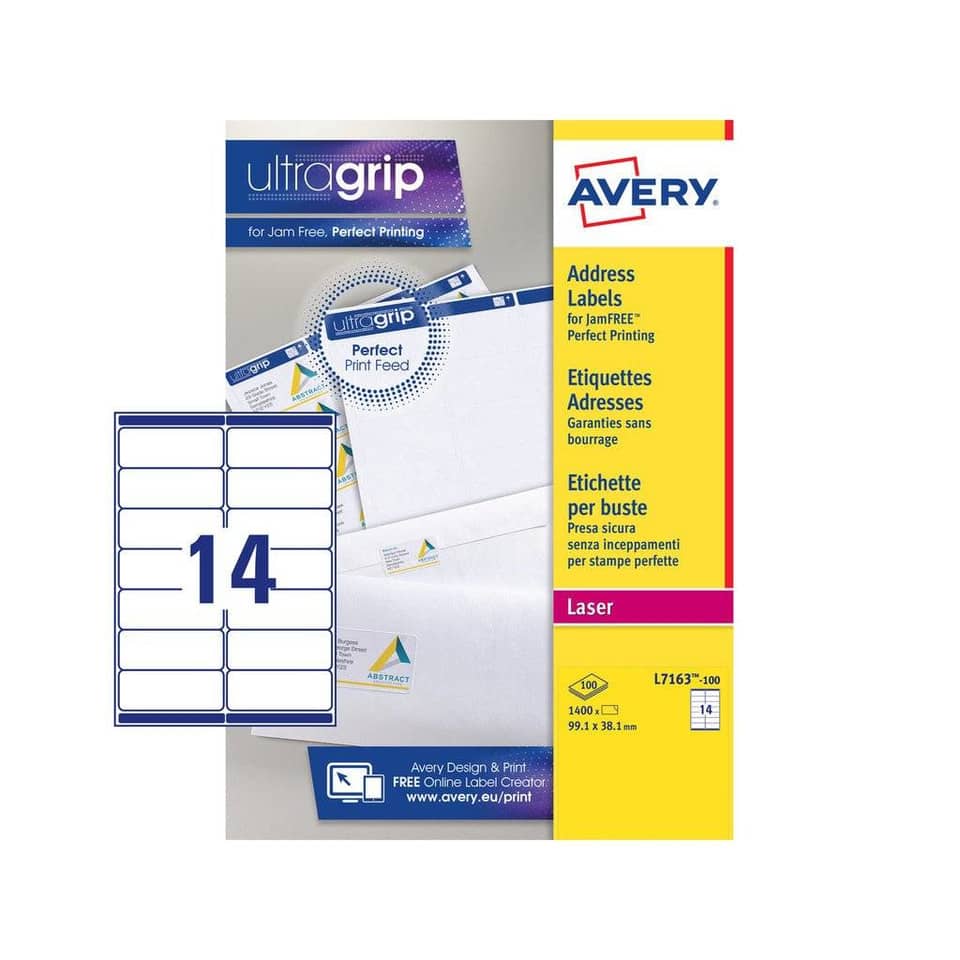 Etichette bianche per indirizzi AVERY Ultragrip™ 99,1x38,1 mm - 14 et/foglio - stampanti laser cf. 100 fogli L7163-100