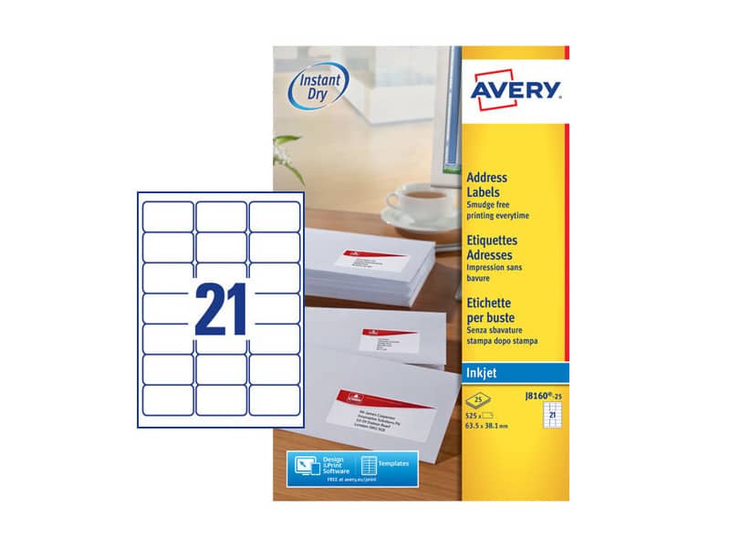 Etichette bianche per buste AVERY QuickDRY™ 63,5x38,1 mm - 21 et/foglio - stampanti inkjet - cf. 25 fogli J8160-25