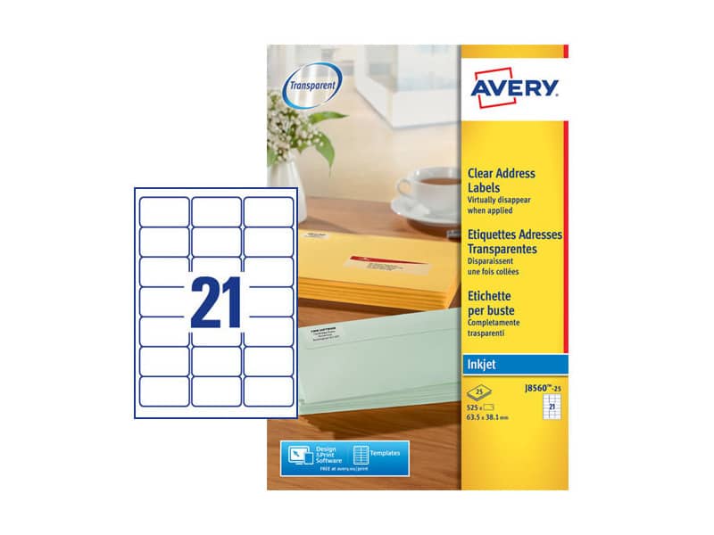 Etichette poliestere trasparenti opache AVERY QuickPEEL™ 63,5x38,1 mm - 21 et/foglio - inkjet conf. 25 ff J8560-25