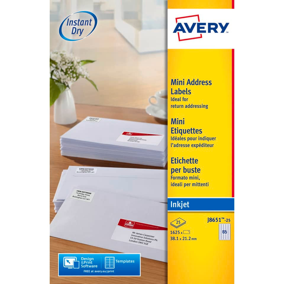 Etichette bianche per buste AVERY QuickDRY™ 38,1x21,2 mm - 65 et/foglio - stampanti inkjet - cf. 25 fogli J8651-25