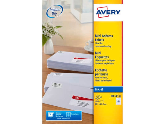 Etichette bianche per buste AVERY QuickDRY™ 38,1x21,2 mm - 65 et/foglio - stampanti inkjet - cf. 25 fogli J8651-25
