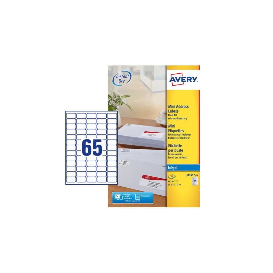 Etichette bianche per buste AVERY QuickDRY™ 38,1x21,2 mm - 65 et/foglio - stampanti inkjet - cf. 25 fogli J8651-25
