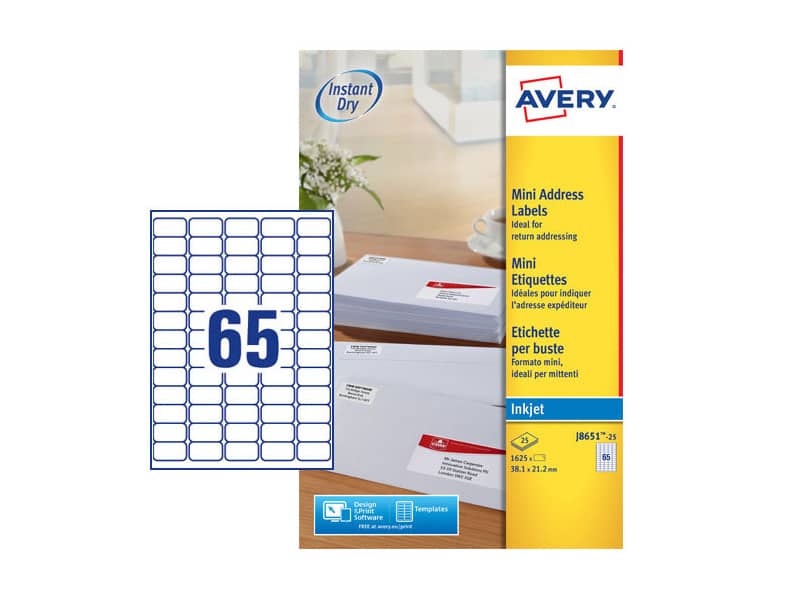 Etichette bianche per buste AVERY QuickDRY™ 38,1x21,2 mm - 65 et/foglio - stampanti inkjet - cf. 25 fogli J8651-25