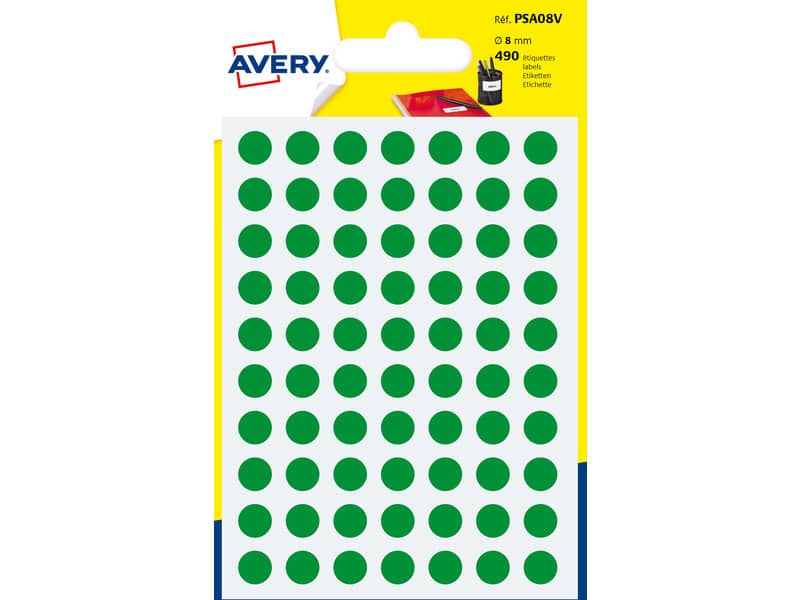 Etichette rotonde colorate AVERY verde Ø 8 mm - 70 et/foglio - scrivibili a mano - bustina da 7 fogli - PSA08V