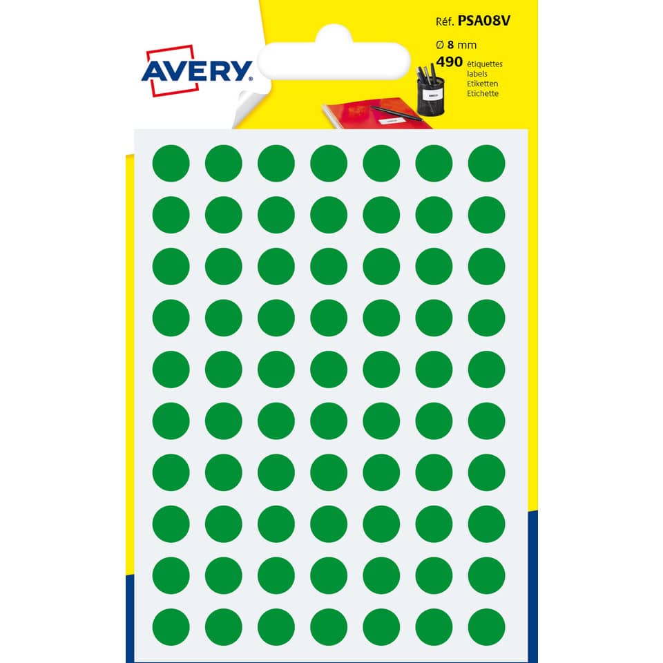 Etichette rotonde colorate AVERY verde Ø 8 mm - 70 et/foglio - scrivibili a mano - bustina da 7 fogli - PSA08V