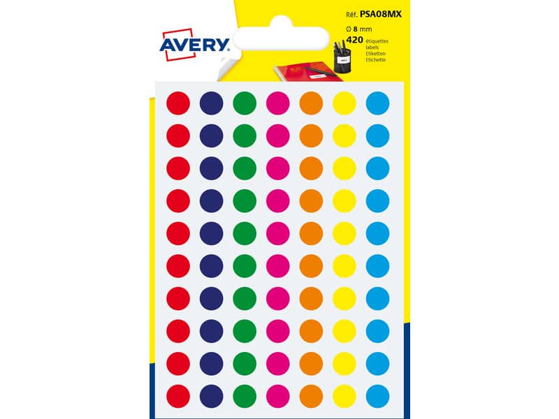 Etichette rotonde colorate AVERY colori assortiti Ø 8 mm - 70 et/foglio - scrivibili a mano Conf.  6 fogli PSA08MX