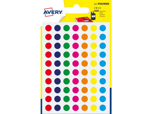 Etichette rotonde colorate AVERY colori assortiti Ø 8 mm - 70 et/foglio - scrivibili a mano Conf.  6 fogli PSA08MX