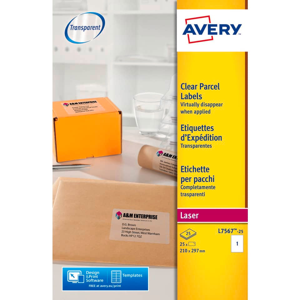 Etichette poliestere trasparenti lucide AVERY QuickPEEL™ 210x297 mm - 1 et/foglio - laser conf. 25 ff L7567-25