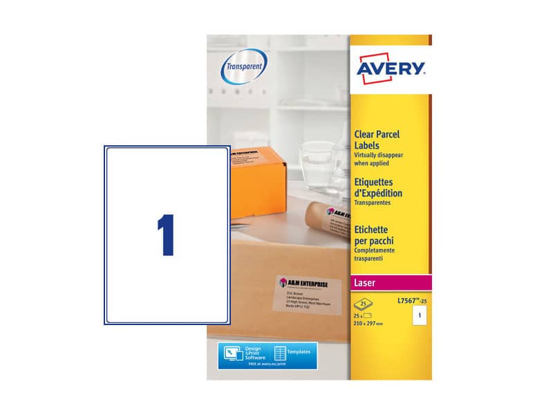 Etichette poliestere trasparenti lucide AVERY QuickPEEL™ 210x297 mm - 1 et/foglio - laser conf. 25 ff L7567-25