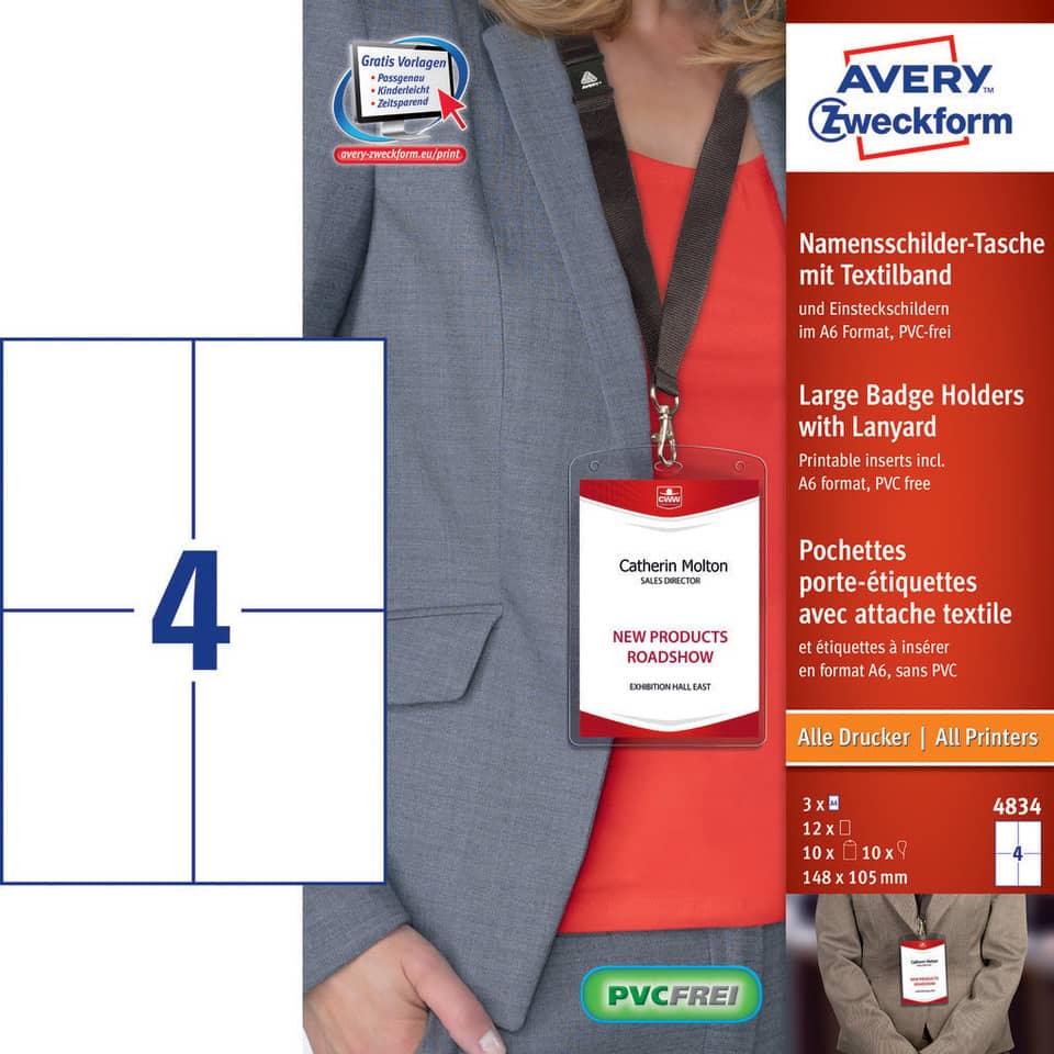 Kit portababdge Avery A6 completo di inserti e laccetti con gancio Conf. 10 pezzi - 4834