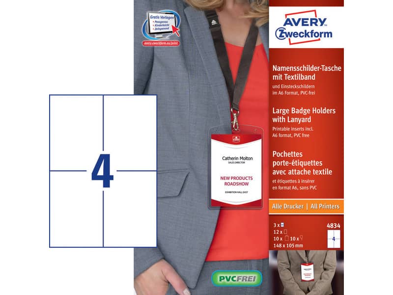 Kit portababdge Avery A6 completo di inserti e laccetti con gancio Conf. 10 pezzi - 4834