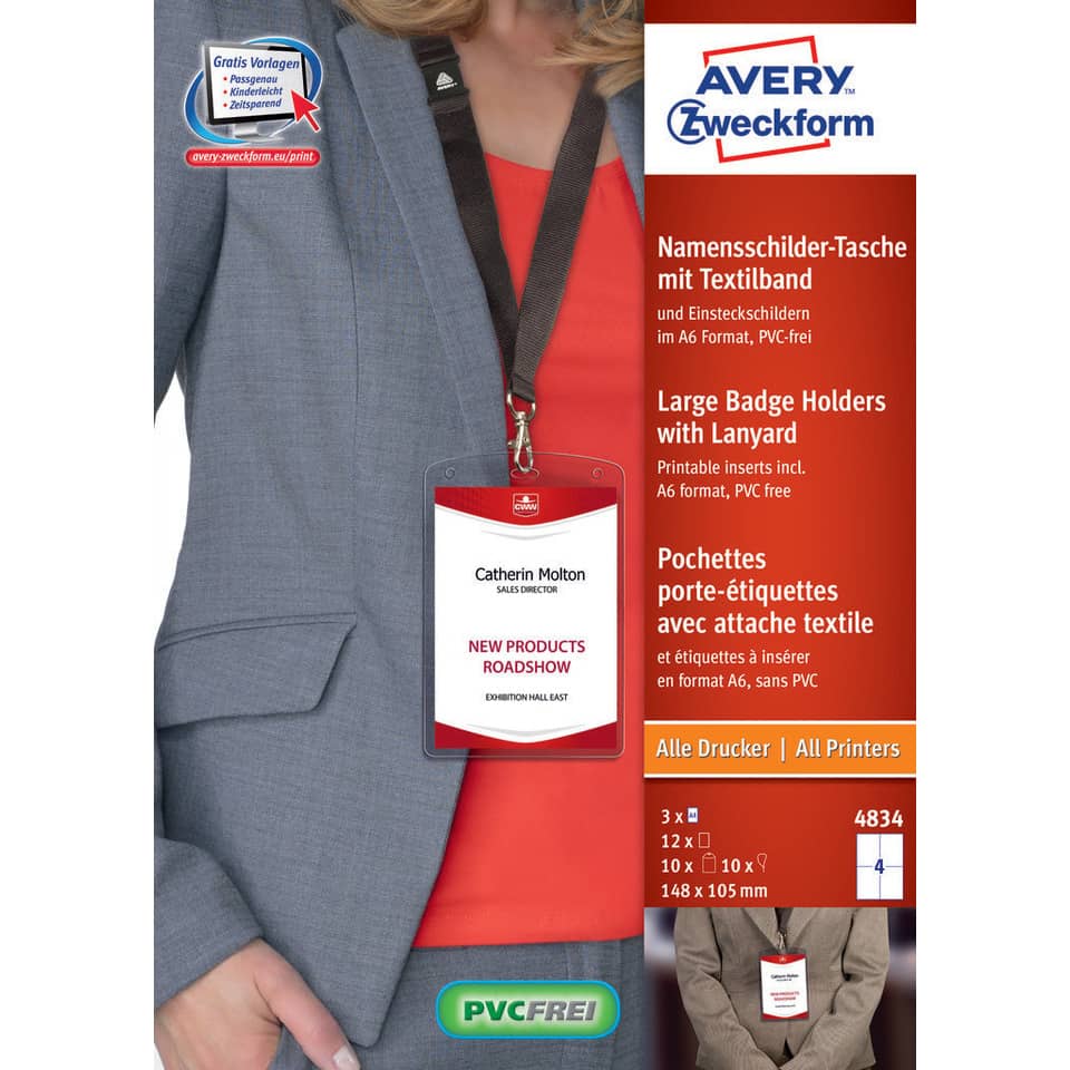 Kit portababdge Avery A6 completo di inserti e laccetti con gancio Conf. 10 pezzi - 4834