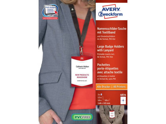 Kit portababdge Avery A6 completo di inserti e laccetti con gancio Conf. 10 pezzi - 4834