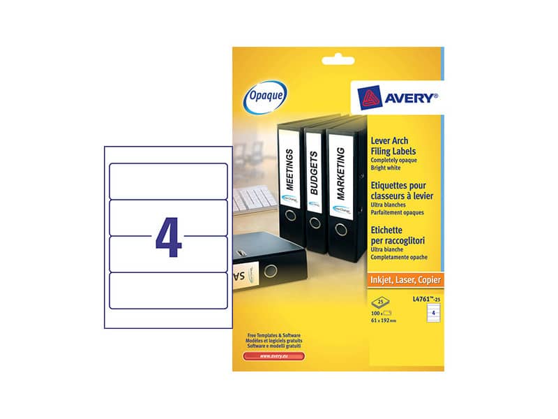 Etichette bianche per raccoglitori Avery Ultragrip™ 61x192 mm - 4 et/foglio - stampanti laser - Conf 25 fogli L4761-25