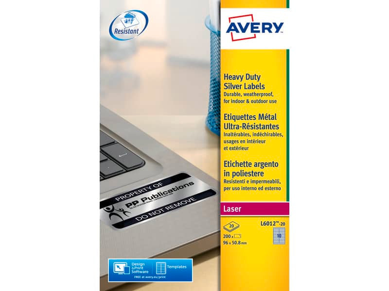 Etichette permanenti poliestere argento Avery 96x50,8 mm - 10 et/foglio - laser monocolore - conf. 20 ff L6012-20