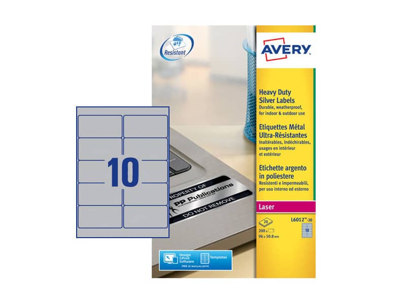 Etichette permanenti poliestere argento Avery 96x50,8 mm - 10 et/foglio - laser monocolore - conf. 20 ff L6012-20