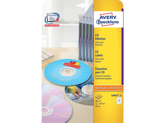Etichette per CD AVERY finitura coprente a foro largo - Ø 117 mm - 2 et/foglio - per Laser - conf. 25 fogli - L6043-25
