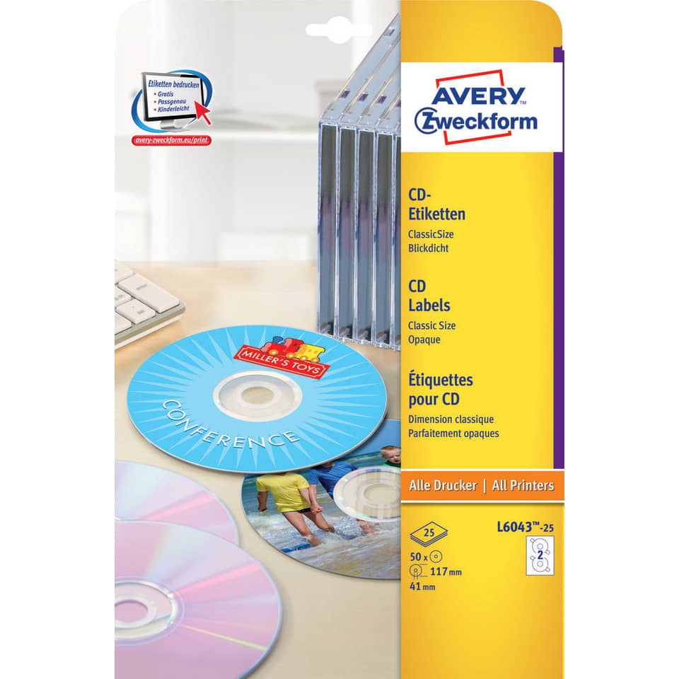 Etichette per CD AVERY finitura coprente a foro largo - Ø 117 mm - 2 et/foglio - per Laser - conf. 25 fogli - L6043-25