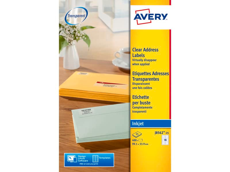 Etichette poliestere trasparenti opache AVERY QuickPEEL™ 99,1x33,9 mm - 16 et/foglio - inkjet conf. 25 ff J8562-25