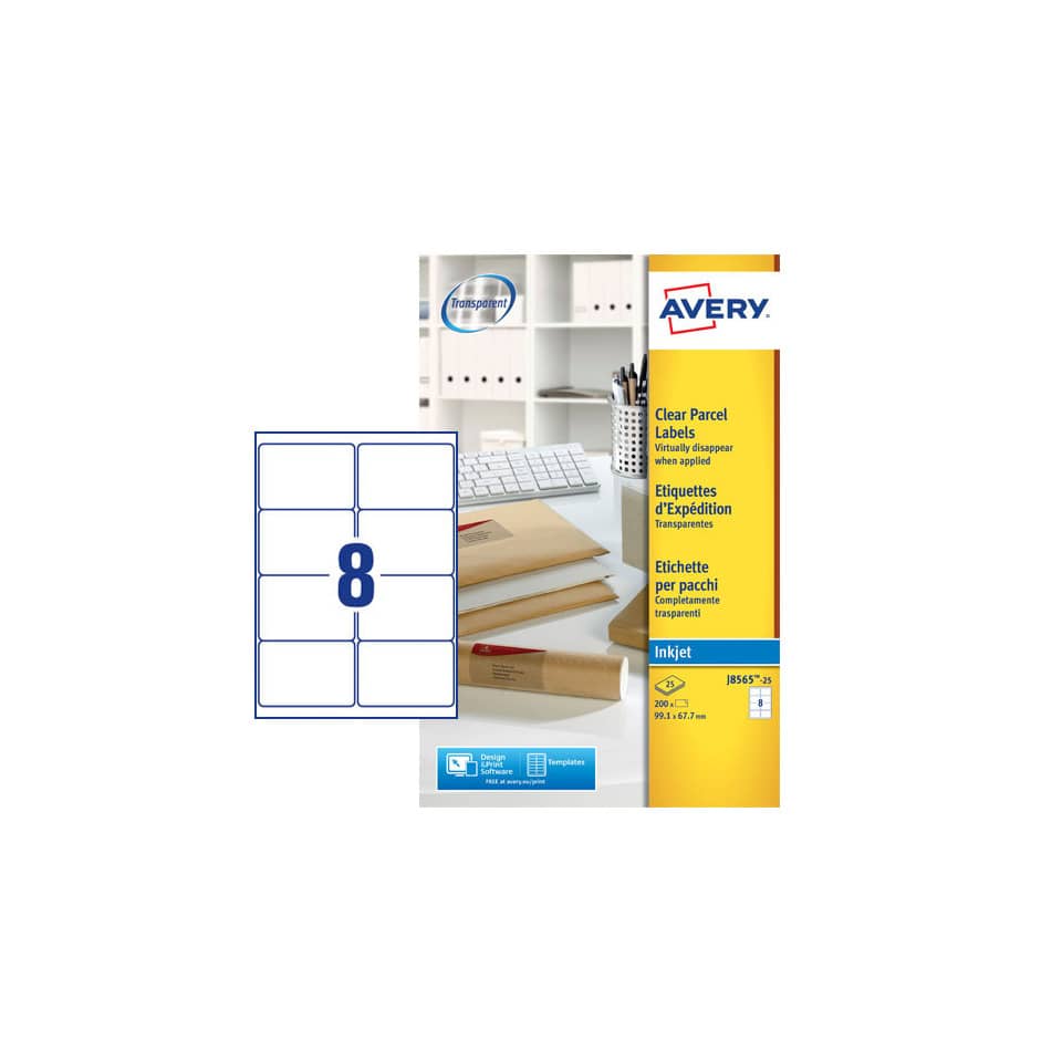 Etichette poliestere trasparenti opache AVERY QuickPEEL™ 99,1x67,7 mm - 8 et/foglio - inkjet conf. 25 ff J8565-25