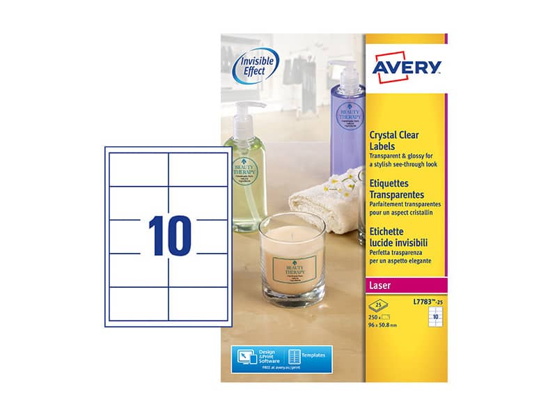 Etichette poliestere trasparenti lucide AVERY QuickPEEL™ 96x50,8 mm - 10 et/foglio - laser conf. 25 ff L7783-25