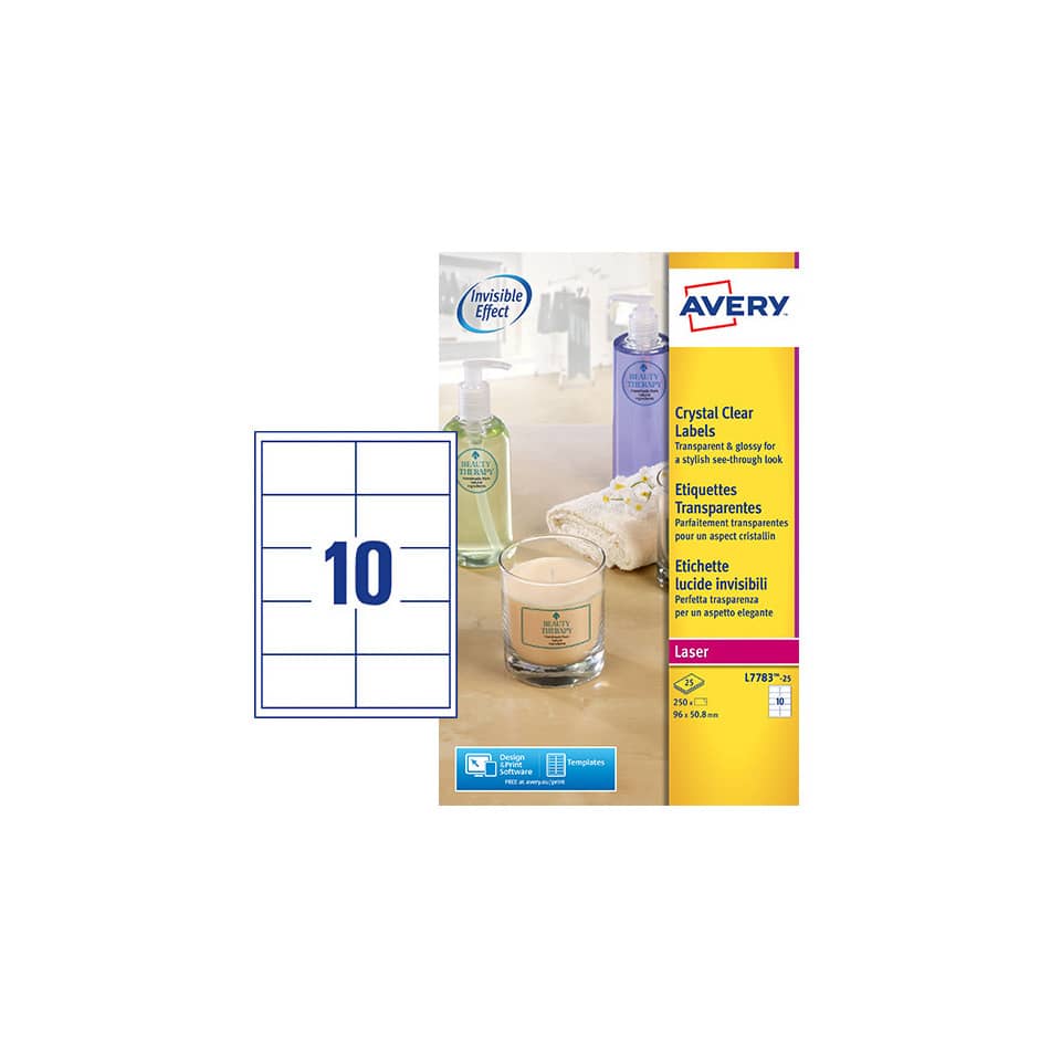 Etichette poliestere trasparenti lucide AVERY QuickPEEL™ 96x50,8 mm - 10 et/foglio - laser conf. 25 ff L7783-25