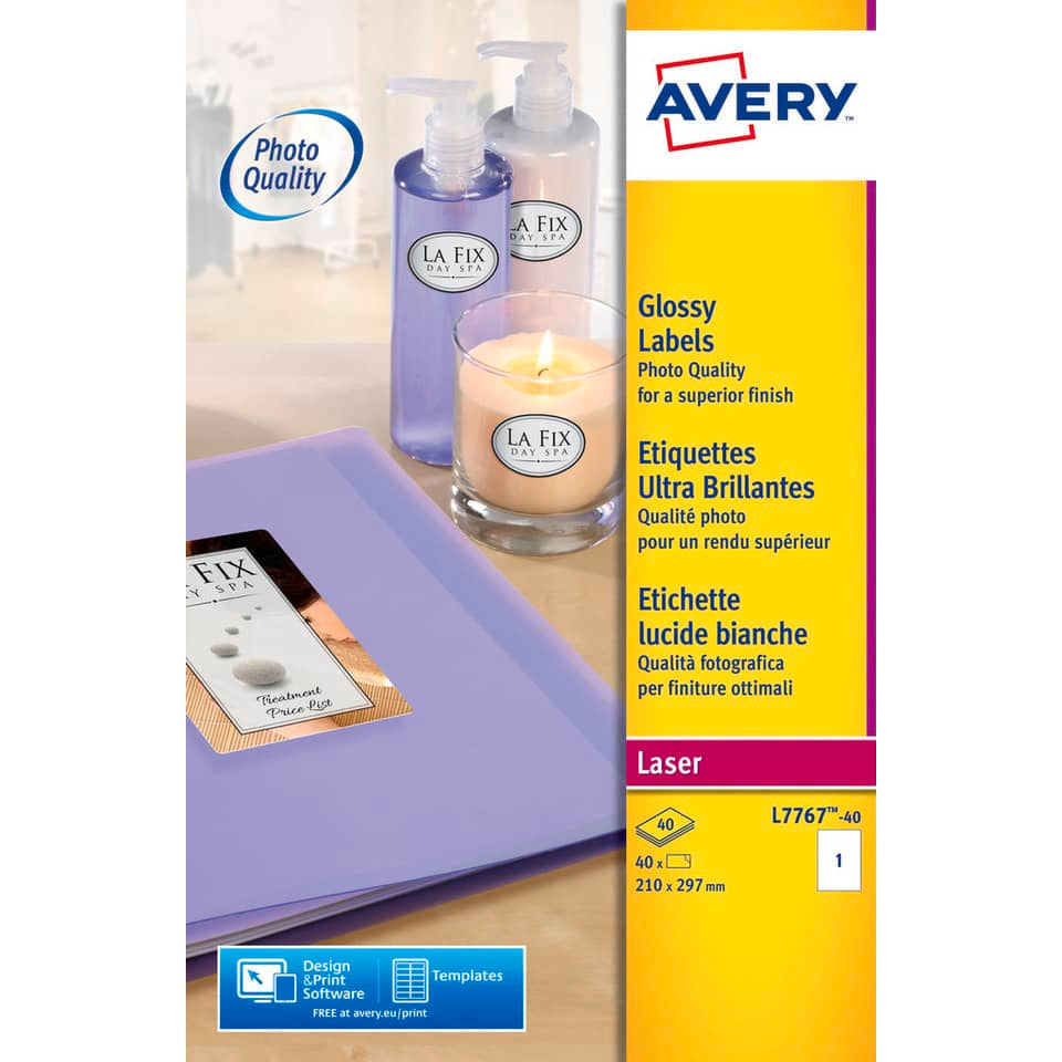 Etichette bianche lucide Avery 210x297 mm 1 et./foglio - per stampanti laser - conf. 40 fogli - L7767-40