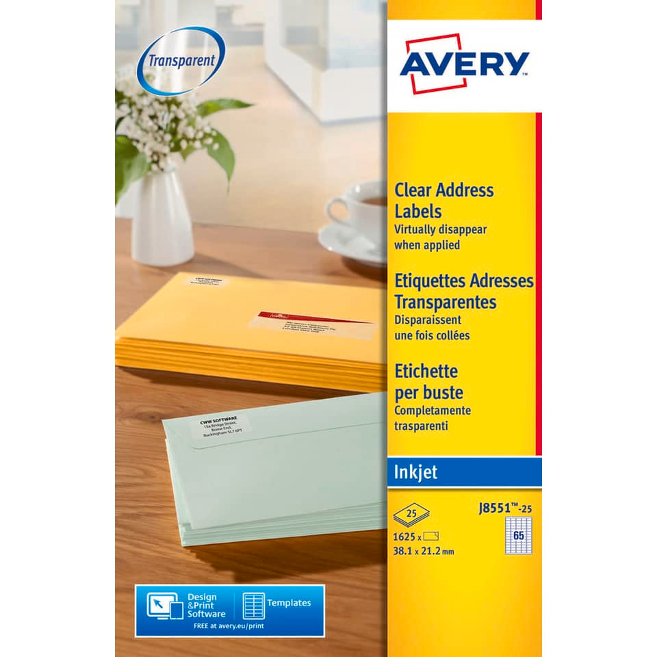 Etichette poliestere trasparenti opache Avery QuickPEEL™ 38,1x21,2 mm - 65 et/foglio - inkjet conf. 25 fff J8551-25