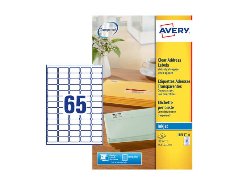 Etichette poliestere trasparenti opache Avery QuickPEEL™ 38,1x21,2 mm - 65 et/foglio - inkjet conf. 25 fff J8551-25