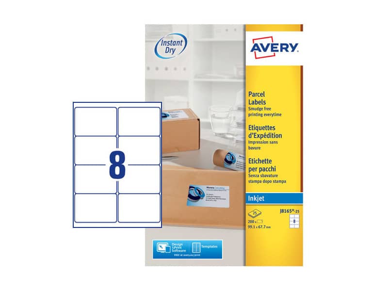 Etichette bianche per pacchi AVERY QuickDRY™ 99,1x67,7 mm - 8 et/foglio - stampanti inkjet - cf. 25 fogli J8165-25