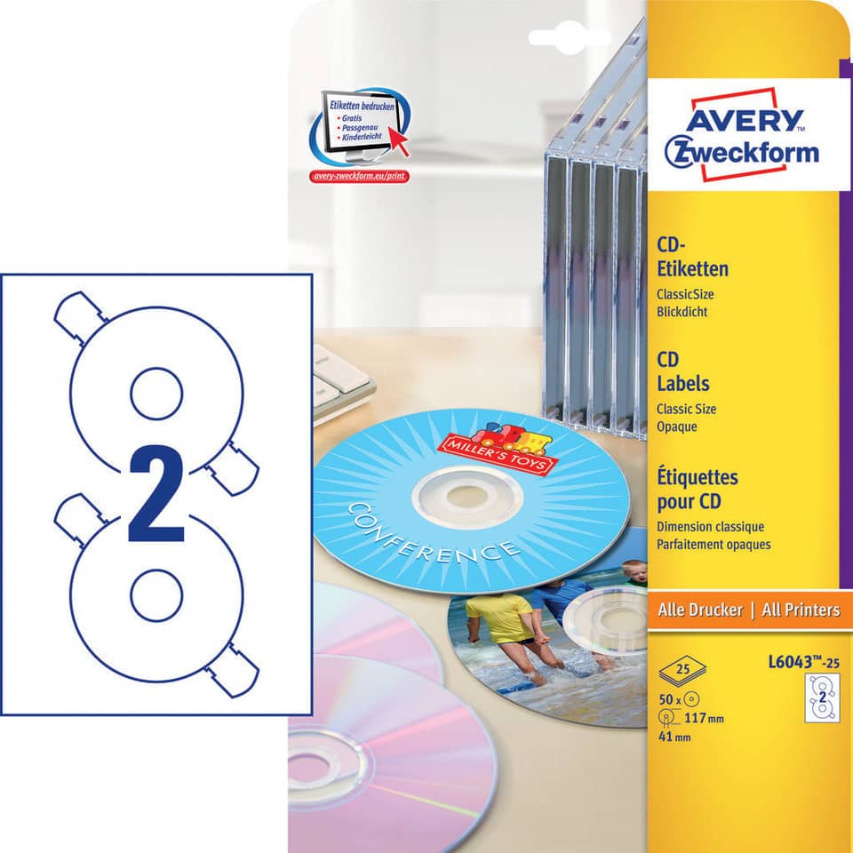 Etichette per CD AVERY finitura coprente a foro largo - Ø 117 mm - 2 et/foglio - per Laser - conf. 25 fogli - L6043-25