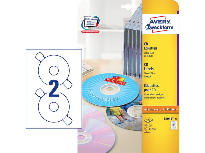 Etichette per CD AVERY finitura coprente a foro largo - Ø 117 mm - 2 et/foglio - per Laser - conf. 25 fogli - L6043-25