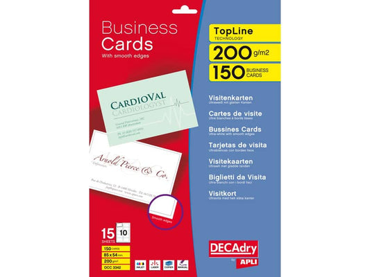 Biglietti da visita Decadry angoli vivi su supporto adesivo 85x54 mm. Fogli A4 bianco Conf. 150 biglietti - T603342