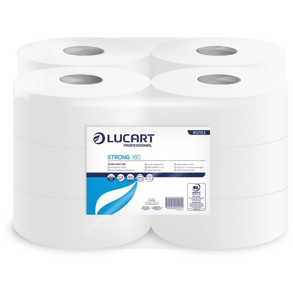 Carta igienica Lucart Strong 180 m mini jumbo 2 veli 12 rotoli da 486 strappi - 812103U