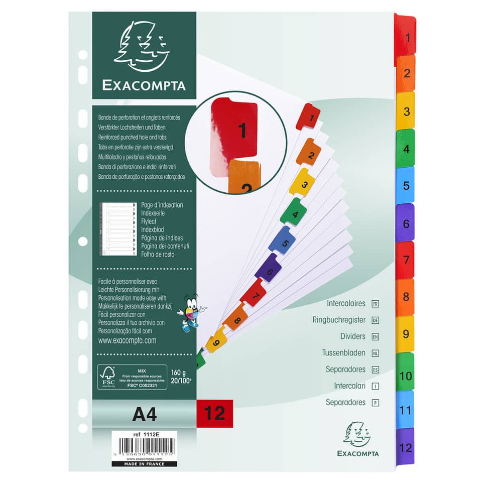 Intercalari stampati in digitale Exacompta Protect'o cartoncino A4 160g/mq 12 tasti da 1 a 12 - 1112E