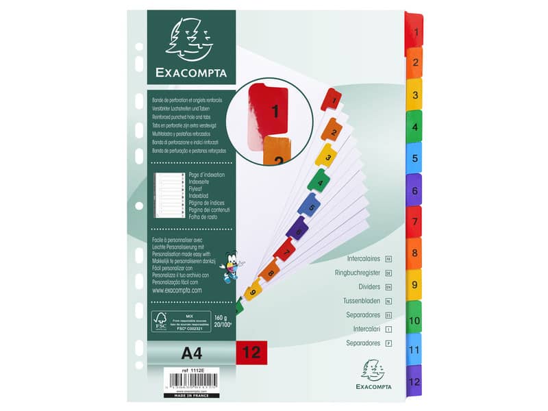 Intercalari stampati in digitale Exacompta Protect'o cartoncino A4 160g/mq 12 tasti da 1 a 12 - 1112E