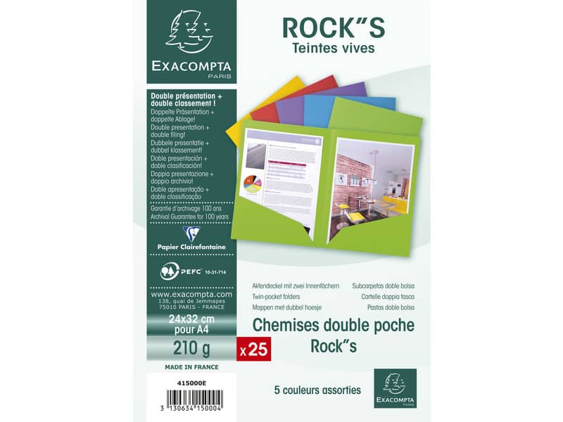 Cartelline doppia tasca Exacompta ROCK"S cartoncino 210 g/m² A4 colori assortiti conf. 25 - 415000E