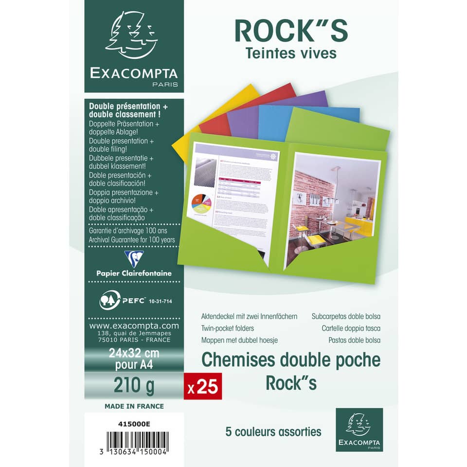 Cartelline doppia tasca Exacompta ROCK"S cartoncino 210 g/m² A4 colori assortiti conf. 25 - 415000E