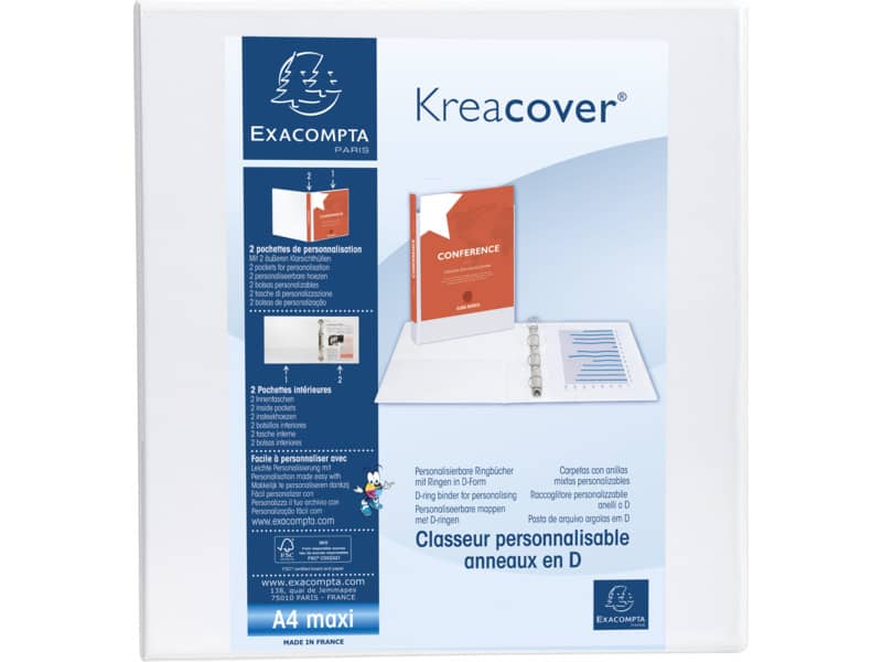 Raccoglitore personalizzabile Exacompta A4 maxi Kreacover® bianco 4 anelli a D 60 mm - 51945E