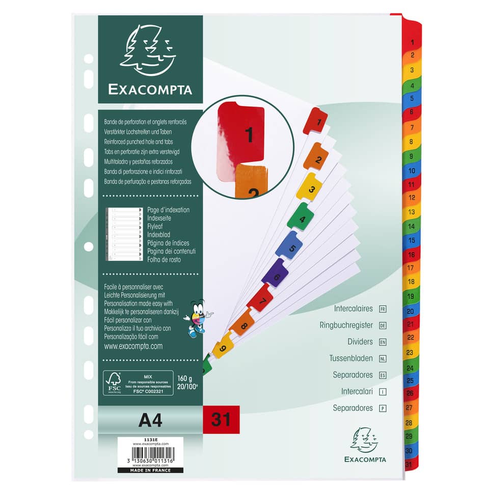 Intercalari stampati in digitale Exacompta multicolori rinforzati Protect'o cartoncino A4 160g/mq da 1 a