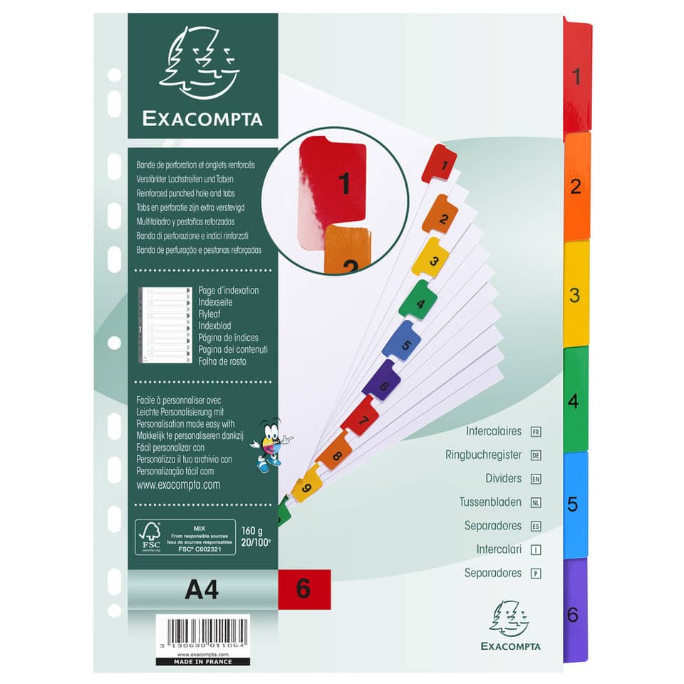 Intercalari stampati in digitale Exacompta multicolori rinforzati Protect'o cartoncino A4 160g/mq 6 tasti