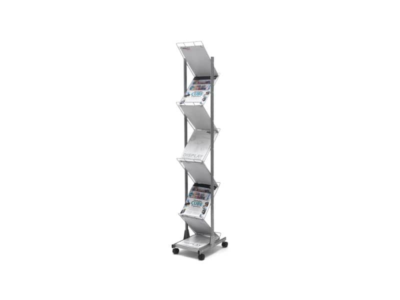 Espositore da terra deflecto® A4 in alluminio a 7 scomparti con rotelle argento - 35900