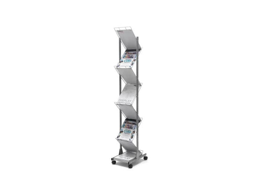 Espositore da terra deflecto® A4 in alluminio a 7 scomparti con rotelle argento - 35900