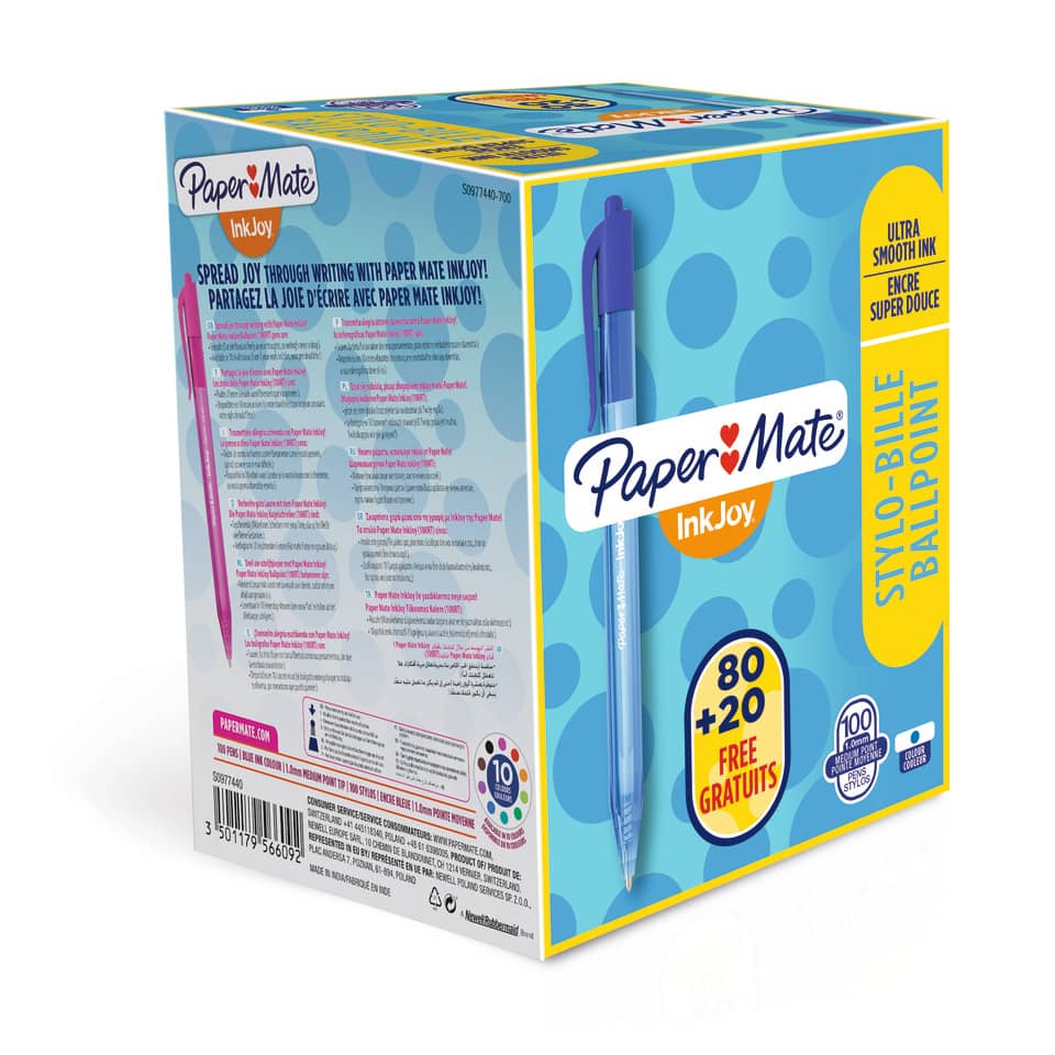 Penna a sfera a scatto Paper Mate Inkjoy 100 RT ULV M 1 mm blu Special Pack 80+20 GRATIS - S0977440